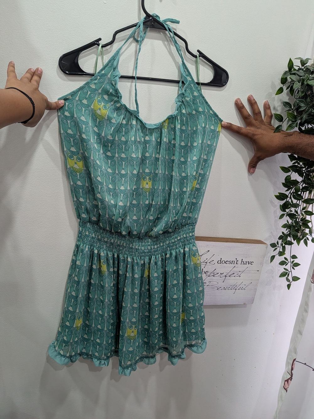 Killah Y2K Teal Halter Smocked-Waist Mini Dress with Playful Owl Print
